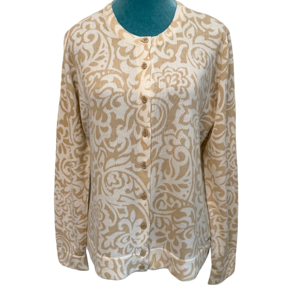 NWT Tommy Hilfiger Cream & Tan Paisley Floral Cotton Cardigan Sweater, Size L - Picture 1 of 11